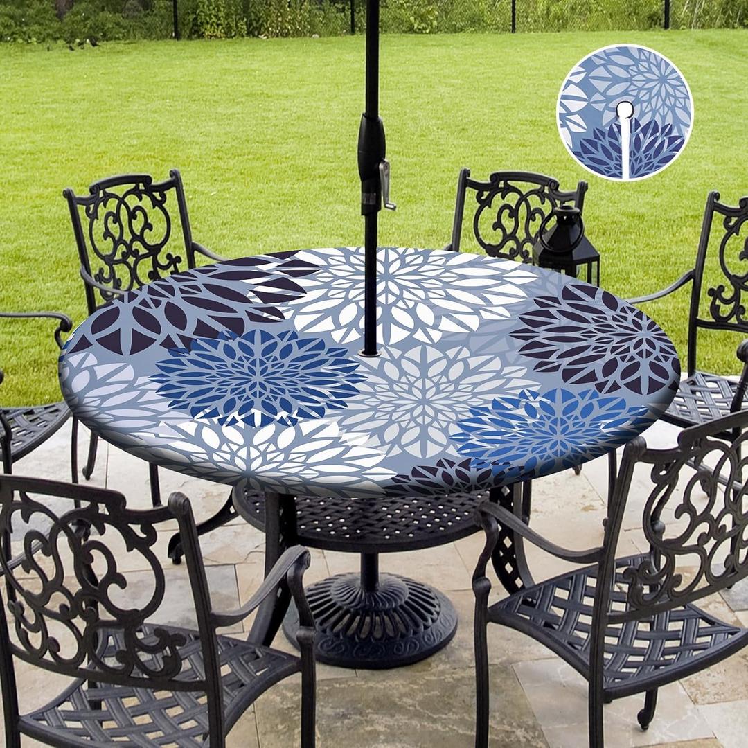Outdoor Picnic Fitted Tablecloth with a Hole and Zipper,Waterproof Patio Table Covers,Elastic Camping Zippered Tablecloth for Picnic, Camping, Dinner,Fit 36"-44"(Round Flower)