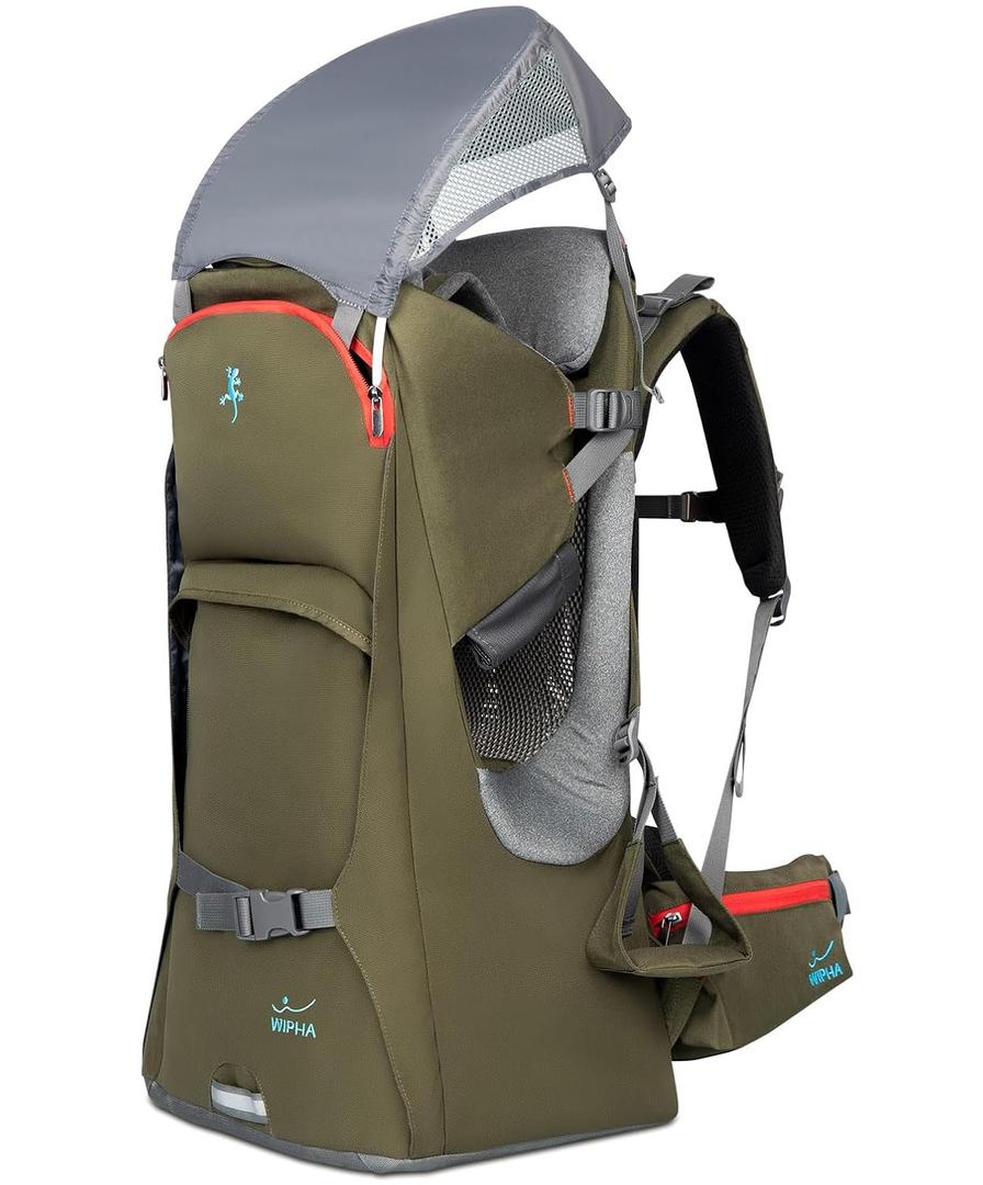 WIPHA Baby Backpack Carrier, Ergonomic Child Carrier Hiking with Sun Canopy, Safe Toddler Hiking Backpack Carrier with Large Storage Space&Insulated Pocket, Adjustable Padded Child Seat, (Army Green)