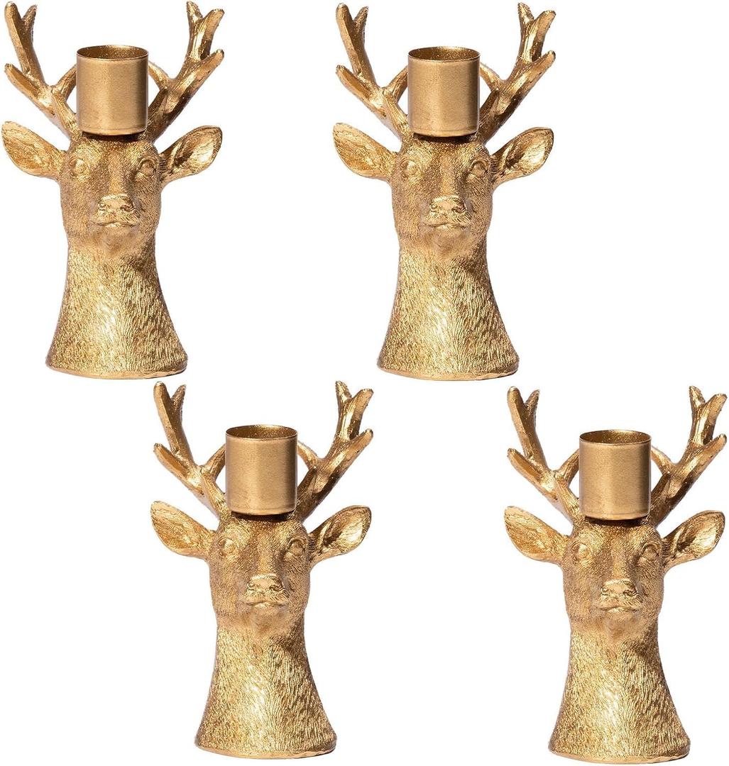 Candlestick Holders Vintage Reindeer Candle Holders, Brass Gold Deers Candle Stick Holders Set of 4 for Table Centerpiece, Mantel & Dining Table Wedding Decor, Festive Christmas Home Decoration