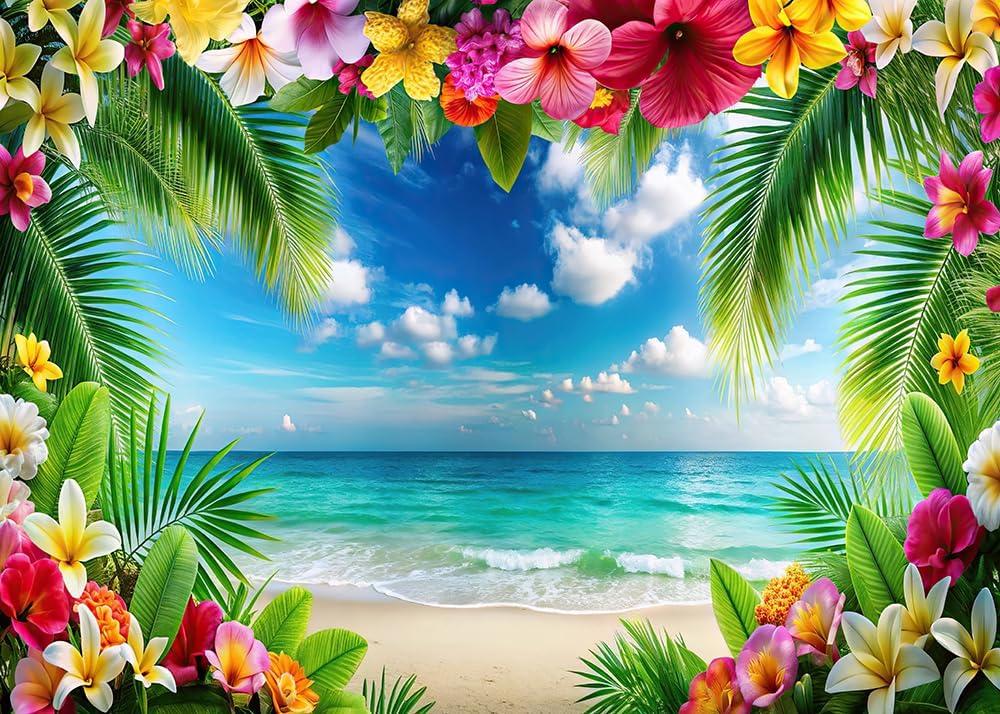Dudaacvt 8x6ft Summer Hawaiian Beach Photography Backdrop Tropical Flower Palm Leaves Background Luau Aloha Party Decoration Banner