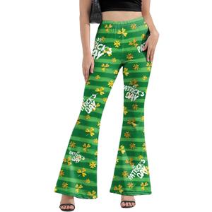 St Patricks Day Bell Bottoms Leggings for Womens, High Waisted Printed Flare Legging Plus Size Bell Bottoms Green Pants, L