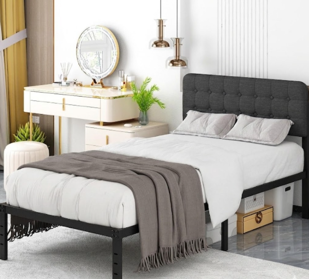 Likelalaso California King Size Bed Frame with Upholstered Headboard, 14 inch Metal Bed Frames, Steel Slat Support, Noise Free, No Box Spring Needed, Easy Assembly, Black/Gray