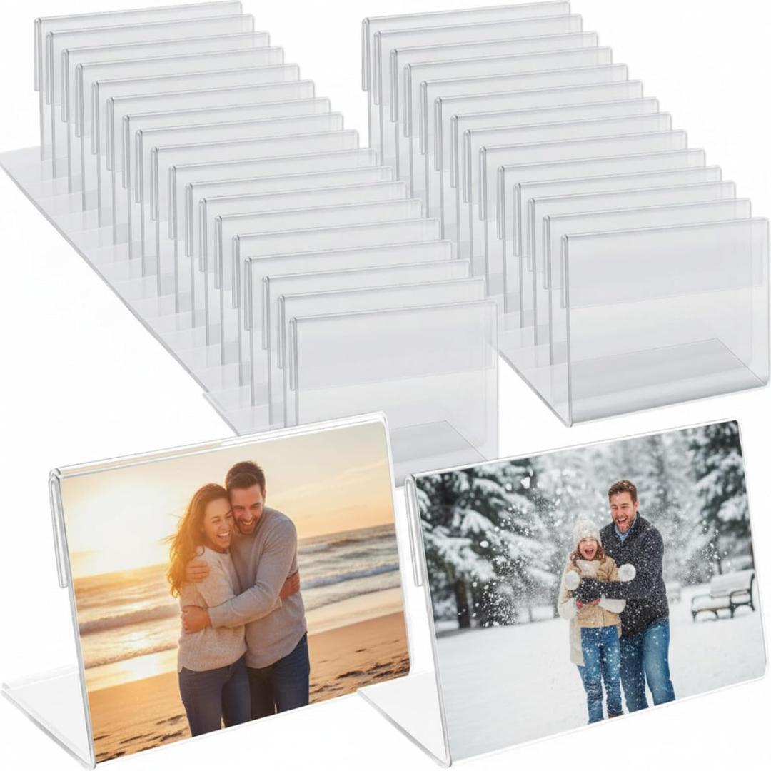 Geelin 200 Pcs Acrylic Picture Frames Bulk 4 x 6 Inch Plastic Sign Holder Clear Photo Frame Horizontal L Shape Acrylic Slanted Back Plastic Picture Display Stand Flyer Holder for Office Home Desktop