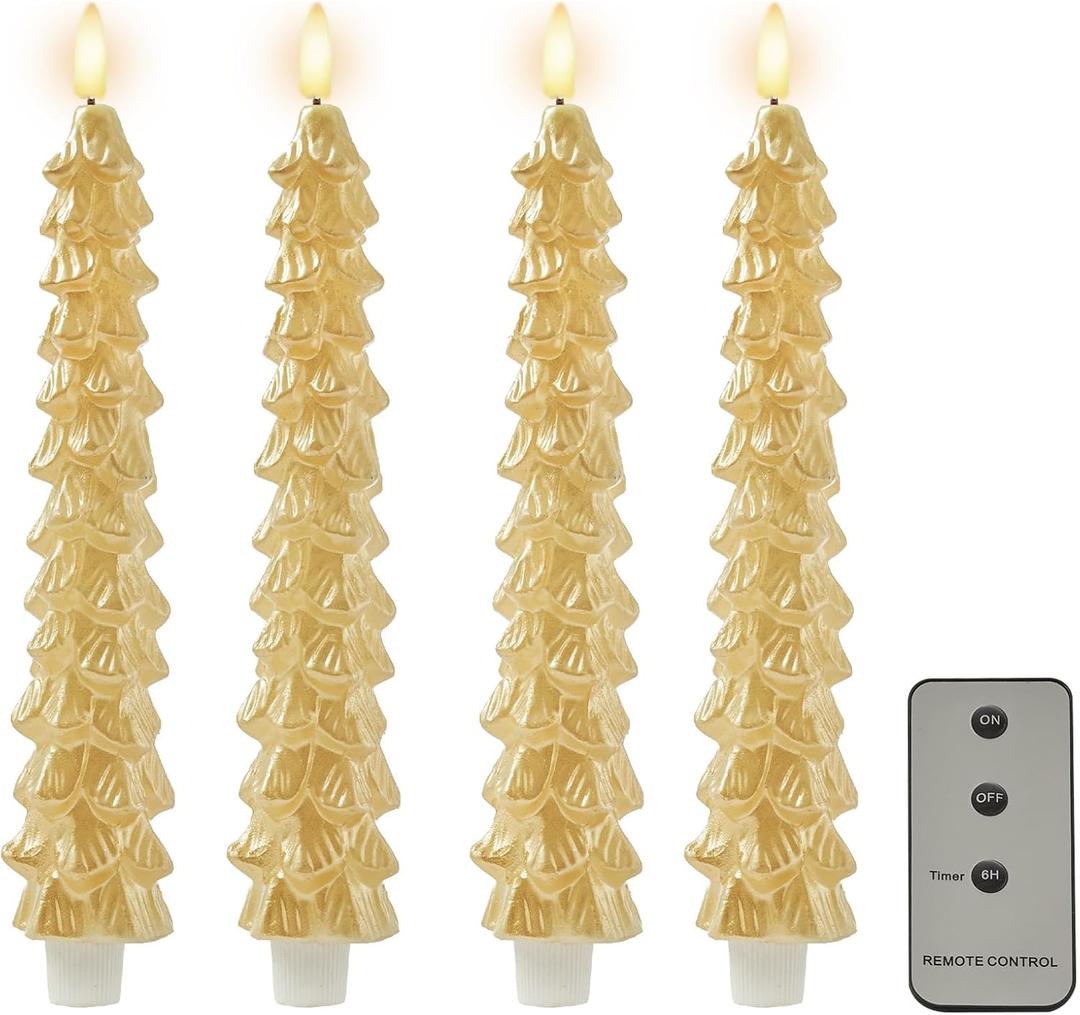 DN DECONATION 4PCS Flameless Christmas Tree Candles with Remote, LED Christmas Flameless Taper Advent Candles Battery Operated, Gold Tree Shaped Fake Candle Sticks for Table Decor Window Decorations (Set of 4)