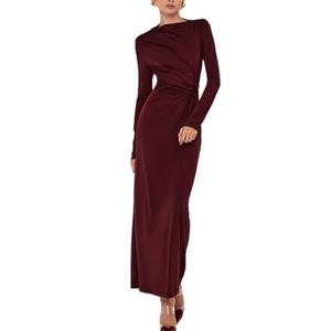 YOXUA Women Elegant Casual Long Sleeve Sexy Bodycon Lounge Temperament Crew Neck Maxi Dress Red M