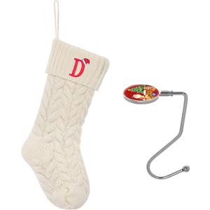 Christmas Stockings Personalized Custom Initials 18 Inches Knitted Christmas Stockings with Letter Fireplace Hanging Monogram Xmas Stockings for Kids,Family Holiday Party DecorationWhite D