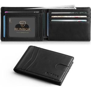 RUNBOX Wallet for Men Slim Leather Bifold RFID Blocking Minimalist Front Pocket Design with Gift Box (Black(one-pocket))