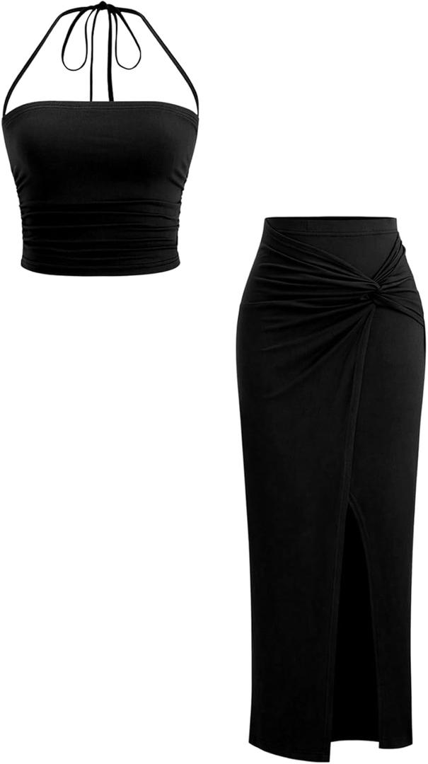 Verdusa Women's 2 Piece Vacation Outfits Ruched Crop Halter Top with Asymmetrical Slit Long Skirt Going Out Sets L