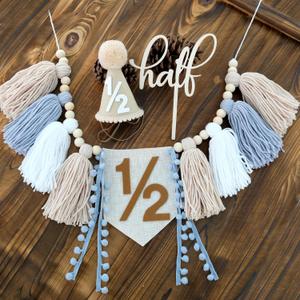 1/2 Birthday Boy Decorations,Half Way To One Baby Boy Decorations,6 Months Birthday Cone Hat Blue 1/2 Pastel High Chair Banner And Cake Topper,Happy Half Year Party Photoshoot Props