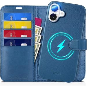 TUCCH Case Wallet for iPhone 16 Plus, [Detachable] Stand RFID Blocking 4 Card Slots Shockproof Wireless Charging Case, PU Leather Removable Flip Cover Compatible with iPhone 16 Plus, Light Blue