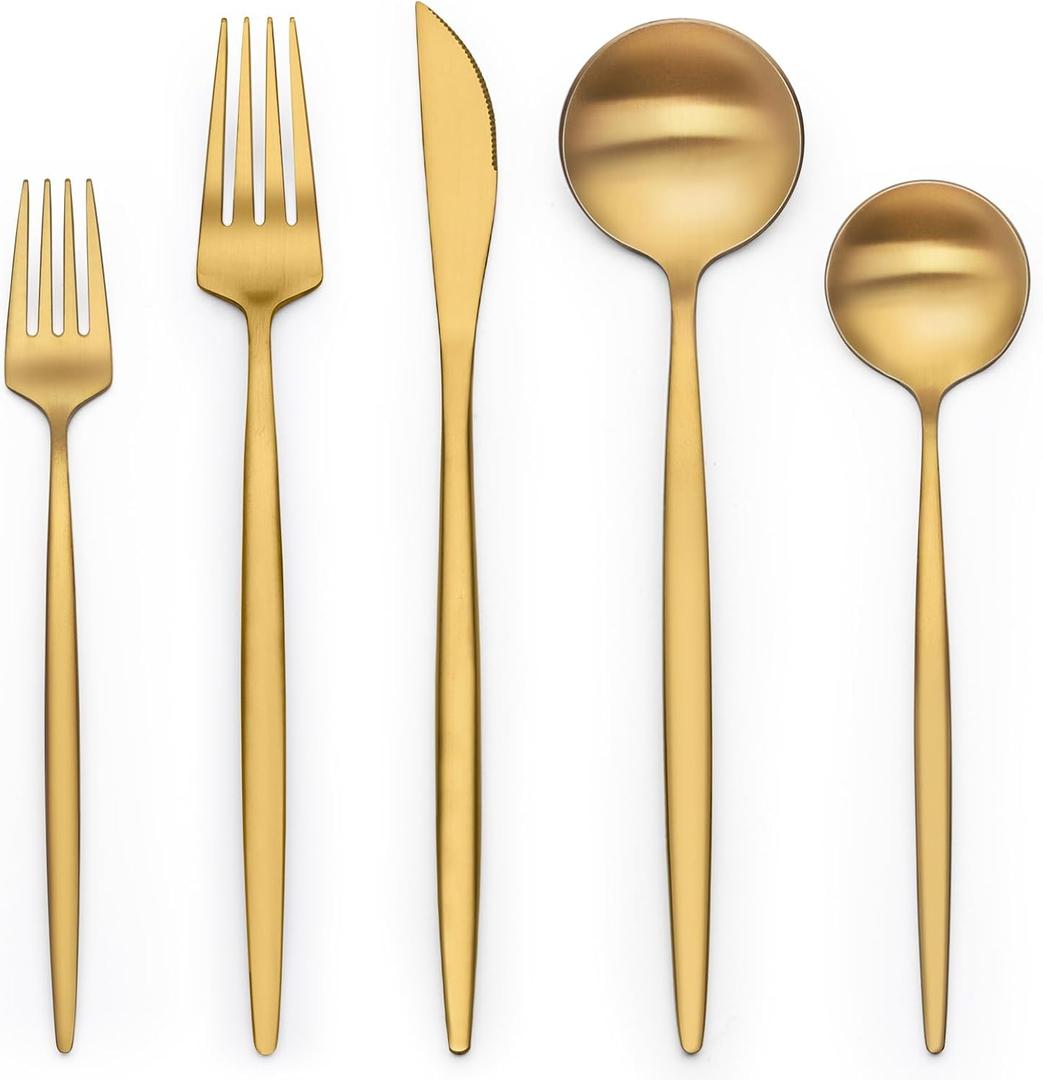 20 Piece Gold Silverware Set for 4, Terlulu Stainless Steel Flatware Set, Gold Cutlery Set Utensils Set, Tableware Include Forks Knives Spoons for Home Kitchen Restaurant Wedding, Satin Finish (20 Piece)