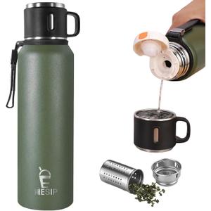 Stainless Steel Insulated Bottle, 50oz with cup Vacuum Insulated Water Bottle, Thermo for Hot Drinks/Cold Drinks,24-Hr Insulation Commute, Travel (Green)