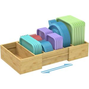 Retro Shaw Large Expandable Kitchen Lids Organizer for Cabinet, Covers, Pantry, Drawer & Countertop Storage, with 3 Adjustable Dividers, Hand-made Bamboo Food Container