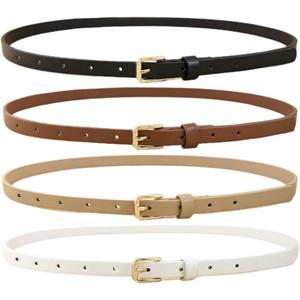 HOTWILL 4 Pack Women Skinny Belts for Jeans Dress Thin Waist Belt for Ladies with Gold Buckle 0.55" Width (Medium: fits waist from 28"-32", C_black+beige+brown+white)
