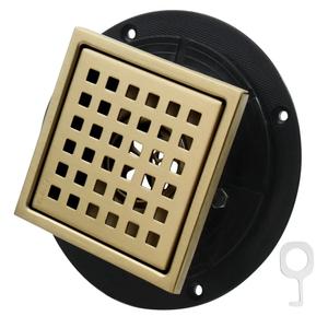 4 Inch Square Shower Drain, 304 Stainless Steel Shower Floor Drain Kit with Flange, Removable Grid Cover Hair Strainer, Golden Brushed Nickel for Bathroom, Garage, Laundry Room