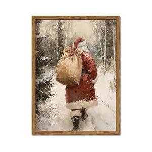 Vintage Christmas Tree Wall Art Winter Snowy Landscape Wall Decor Paintings, Natural Pine Canvas Picture Print for Mantel Living Room Bedroom 12x16 inch Wood Framed