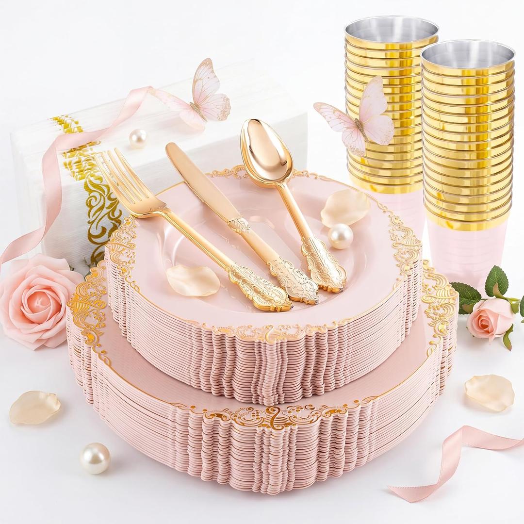 Morejoy 175pcs Pink Plastic Plates - Pink and Gold Disposable Plates sets, Include 25 Dinner Plates, 25 Dessert Plates, 25 Cutlery Sets, 25 Napkins Perfect for Wedding & Party & Holiday & Mother's Day