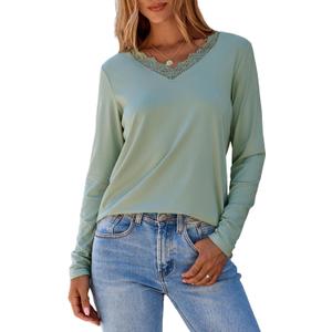 Dokotoo T Shirts for Women Casual Long Sleeve V Neck Lace Trim Tops Lightweight Solid Color Basic Tees Blouses (Medium, Green)