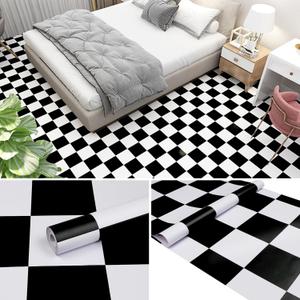 JUGATAMAIBU Peel and Stick Floor Tile,Floor Stickers,Floor Tiles Peel and Stick Waterproof,Kitchen, Living Room (Black White, 11.8" 590)