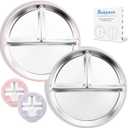 Bakpoco Stainless Steel Baby Plate with Suction, 9” Divided Toddler Plates with Removable Silicone Sleeves for Kids, Non-Toxic Non-Slip Unbreakable Dishwasher Safe Dinnerware Set of 4