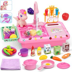 deAO Play Kitchen Sink Toys,Kids Electric Dishwasher Play Sink with Running Water, Play Kitchen Accessories,Real Faucet for Water Play, Pretend Play for Toddlers 3+,Pink