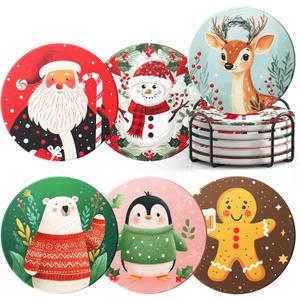 Christmas Coasters with Metal Holder Vintage Santa Drink Coasters Coasters Round Absorbent Ceramic Stone Coaster for Home Kitchen Table Decor Set of 6
