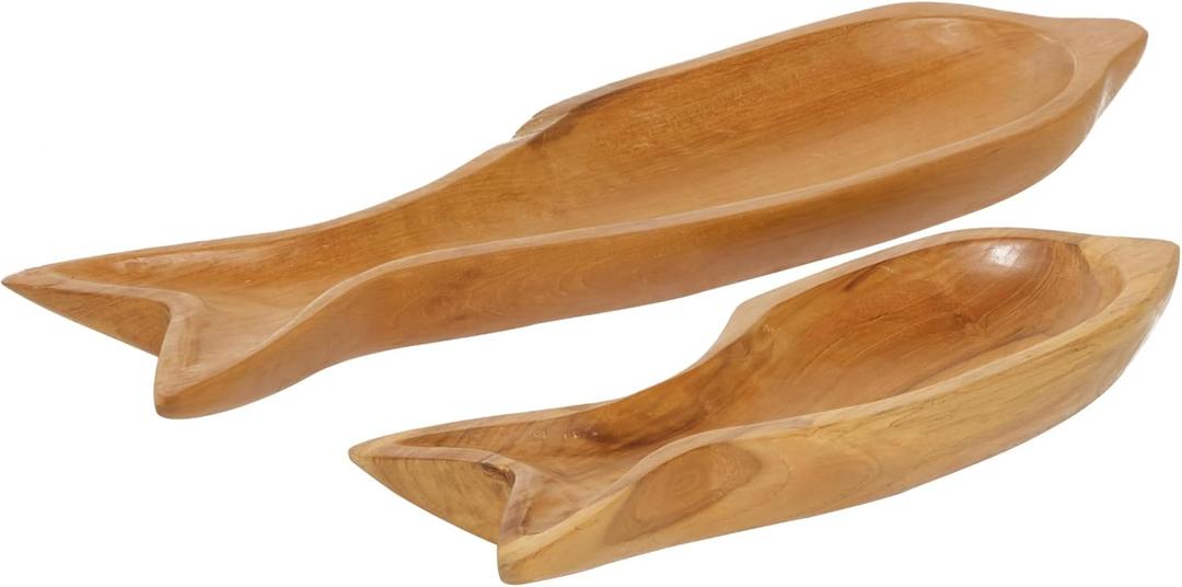 Deco 79 Teak Wood Fish Handmade Tray, Set of 2 24", 16"W, Brown