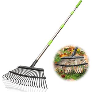 Joyhalo Rake for Leaves Adjustable 65 Inch Long, 18 Inch Wide Garden Rake with 25 Tines, Metal Leaf Rakes, Rakes for Lawns, Gathering Leaves, Weeds, Debris