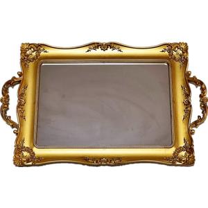 Rectangle Vintage Decorative Mirror Tray, Jewelry Cosmetics Makeup Storage Dresser Organizer Tray, Serving Tray (Golden - Rectangle)