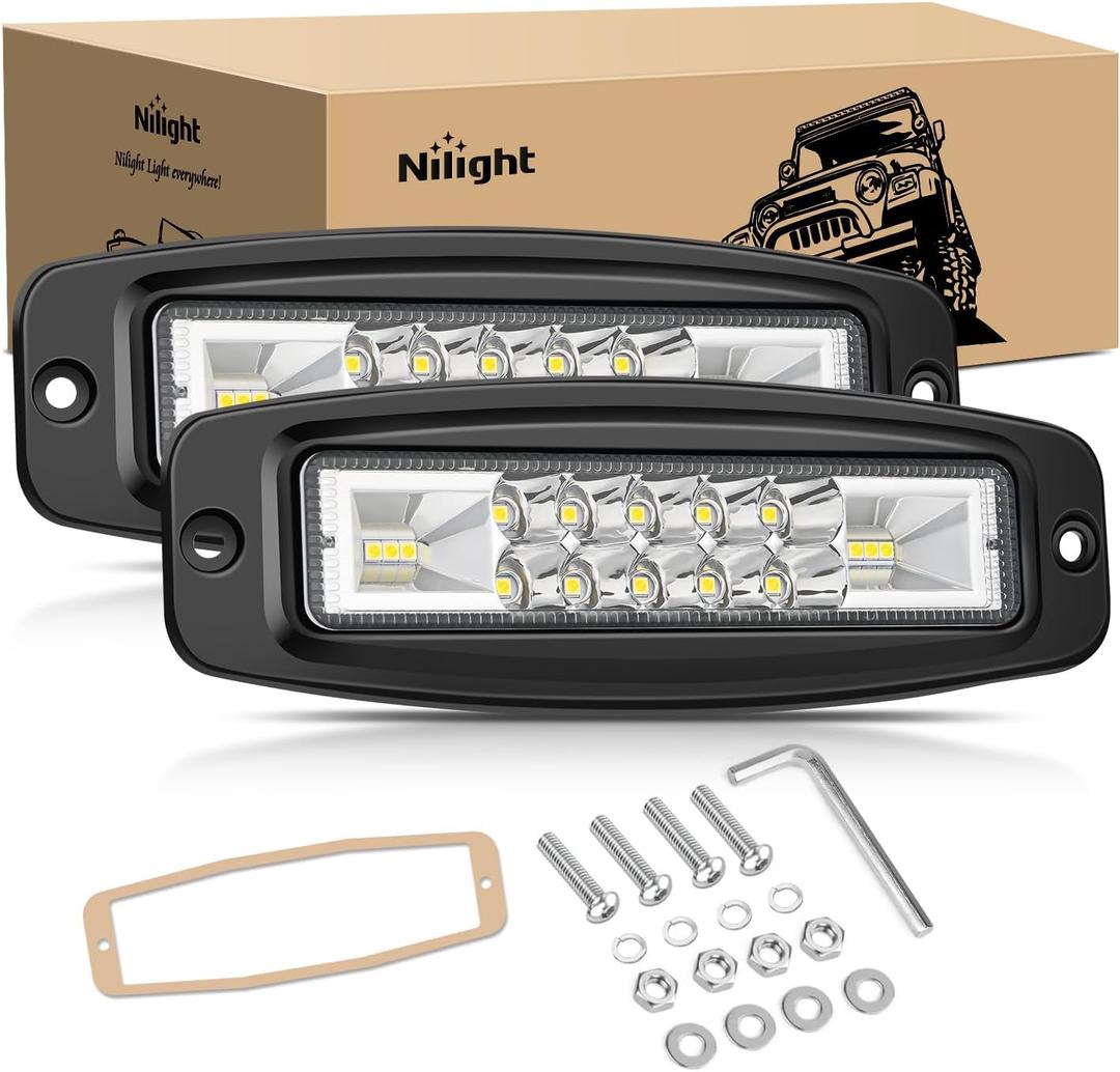 Nilight Flush Mount LED Pods 2PCS 6 Inch 60W LED Work Light Flood Spot Beam Combo Backup Driving Lights Fog Lamp Reverse Grill Mount Lighting for Offroad 4x4 Truck SUV