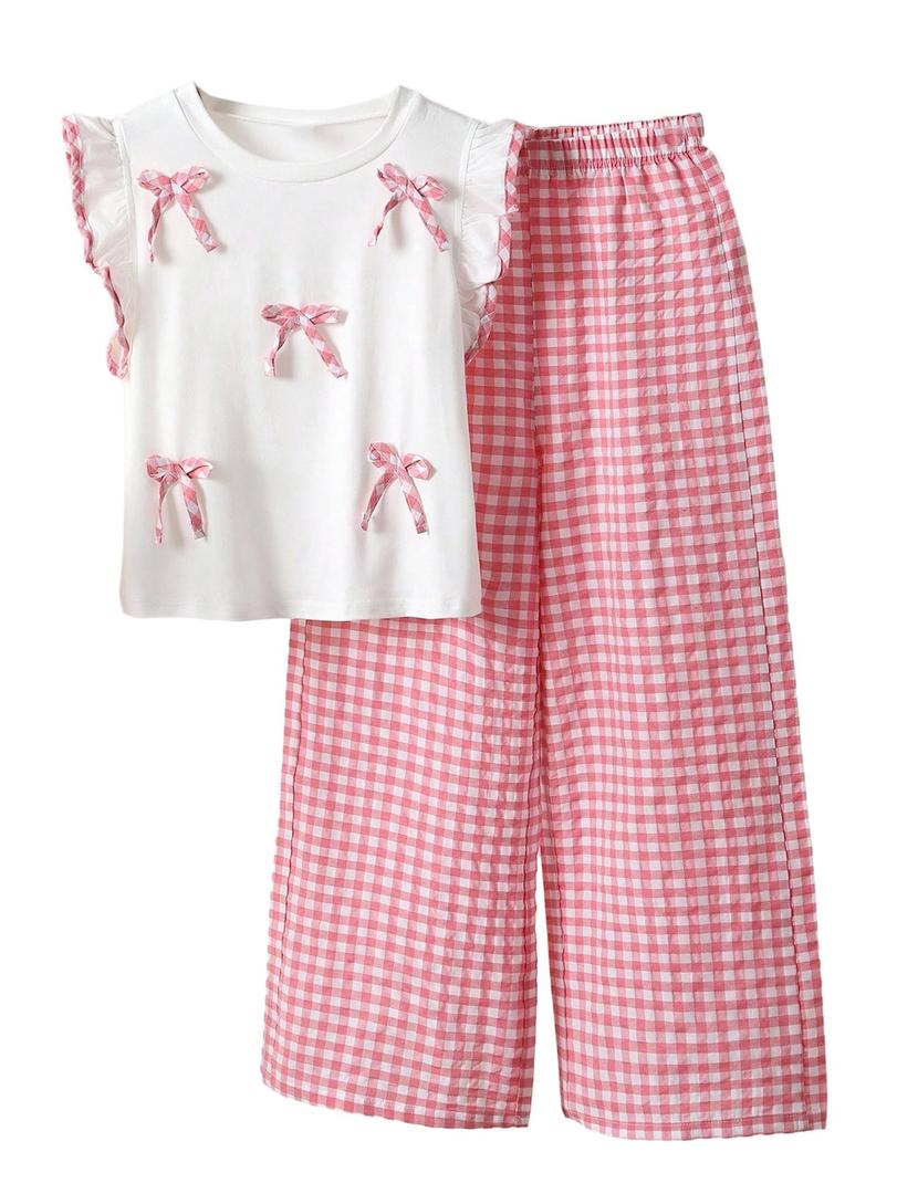WDIRARA Girl's Plaid Gingham Outfit 2 Piece Bow Cap Sleeve Tee Wide Leg Pants Set Cute Clothing Sets Pink 9Y (Red, M)