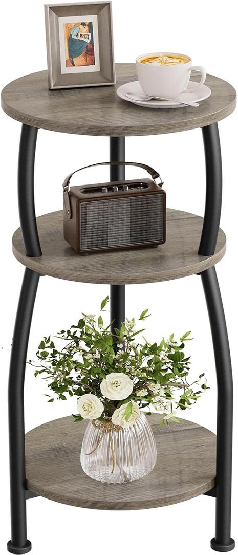 Small Round Side Table, 3-Tier End Table with Storage Shelf, Slim Sofa Table Coffee Table, Sturdy & Easy Assemble Nightstand for Small Spaces, Living Room Bedroom Corner, Grey