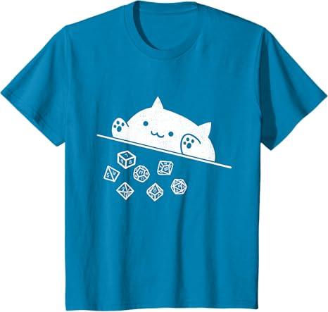 Cute Cat Gamer RPG Game D20 Dice Nerdy Men Women Kids T-Shirt, L, Sapphire Blue