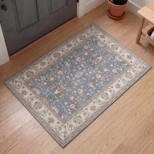 Kuden 2x3 Small Rug, Machine Washable, Non-Slip Backing, Vintage Style, Soft, Low Pile, Area Rugs for Entryway Kitchen Indoor Entrance (Blue)