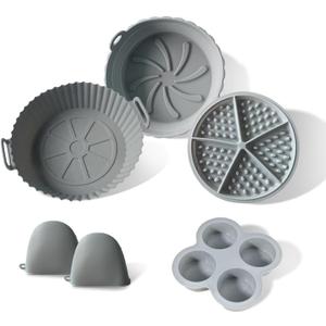 Silicone Liner for Air Fryer,Liners Reusable Round Silicone Basket 5-Piece Set, with Egg Bites Mold, WaffleBite MoldAnti-Scald Hand Clip, Fits 3-5 Qt,Food Grade Liners Nonstick Coating