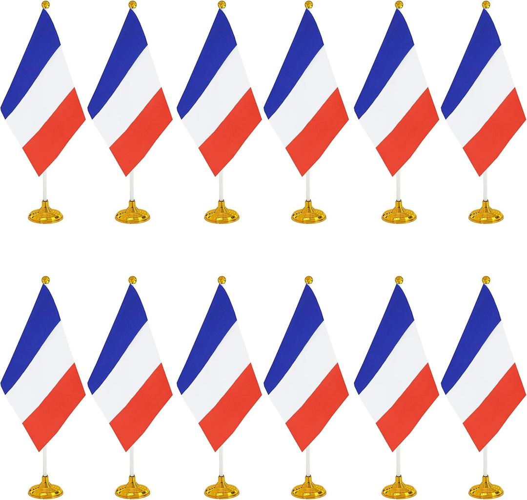 WXTWK Pack of 12 France Flag French Desk Flag Small Mini French Table Flags With Stand Base, Home Office Festival Events Celebration Decorations