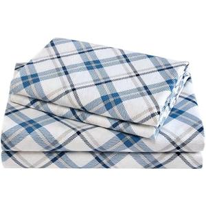 Comfort Spaces Cotton Flannel Breathable Warm Deep Pocket Sheets with Pillow Case Bedding, Queen, Blue Plaid 4 Piece