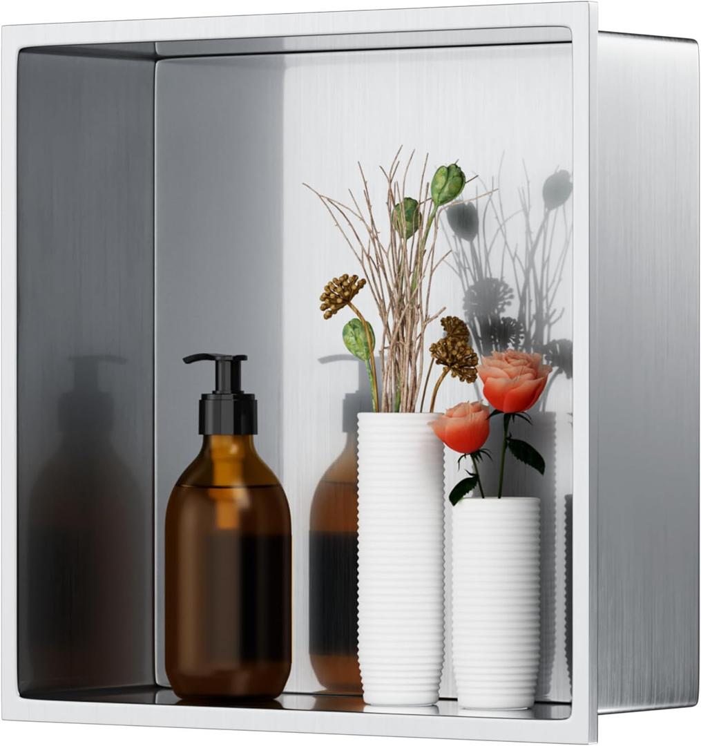 Stainless Steel Shower Niche 12"X12", No Tile Needed Recessed Inserted Wall Niche Shower for Bathroom, Living Room, Kitchen for Storage, Brushed Nickel, 12W * 12H
