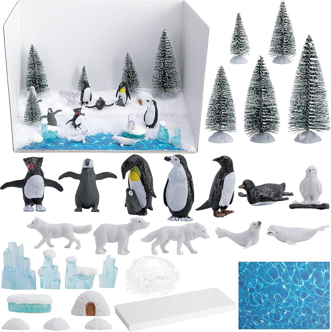codree 30 Pcs Arctic Animals Habitat Diorama Project Set, Arctic Diorama Box Kit Figurine Toys Model, Polar Bear Penguin Animals Figurines Diorama Supplies for DIY Crafts Gifts School Project