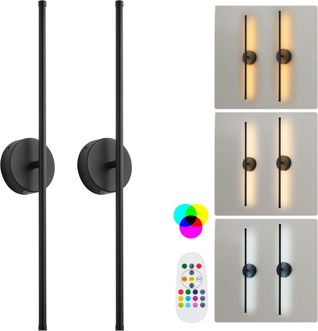 KARTOOSH Battery Operated Wall Sconces Set of Two, with Remote Control, Dimmable, Warm White/Natural White/Daylight/RGB, 350Rotate, LED Black Wireless Wall Light for Living Room, Bedroom, 28.3 Inch