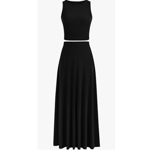 Women's 2 Piece Maxi Skirt Sets Casual Summer Knit Cropped Tank Top High Waisted Long Skirts Outfit M