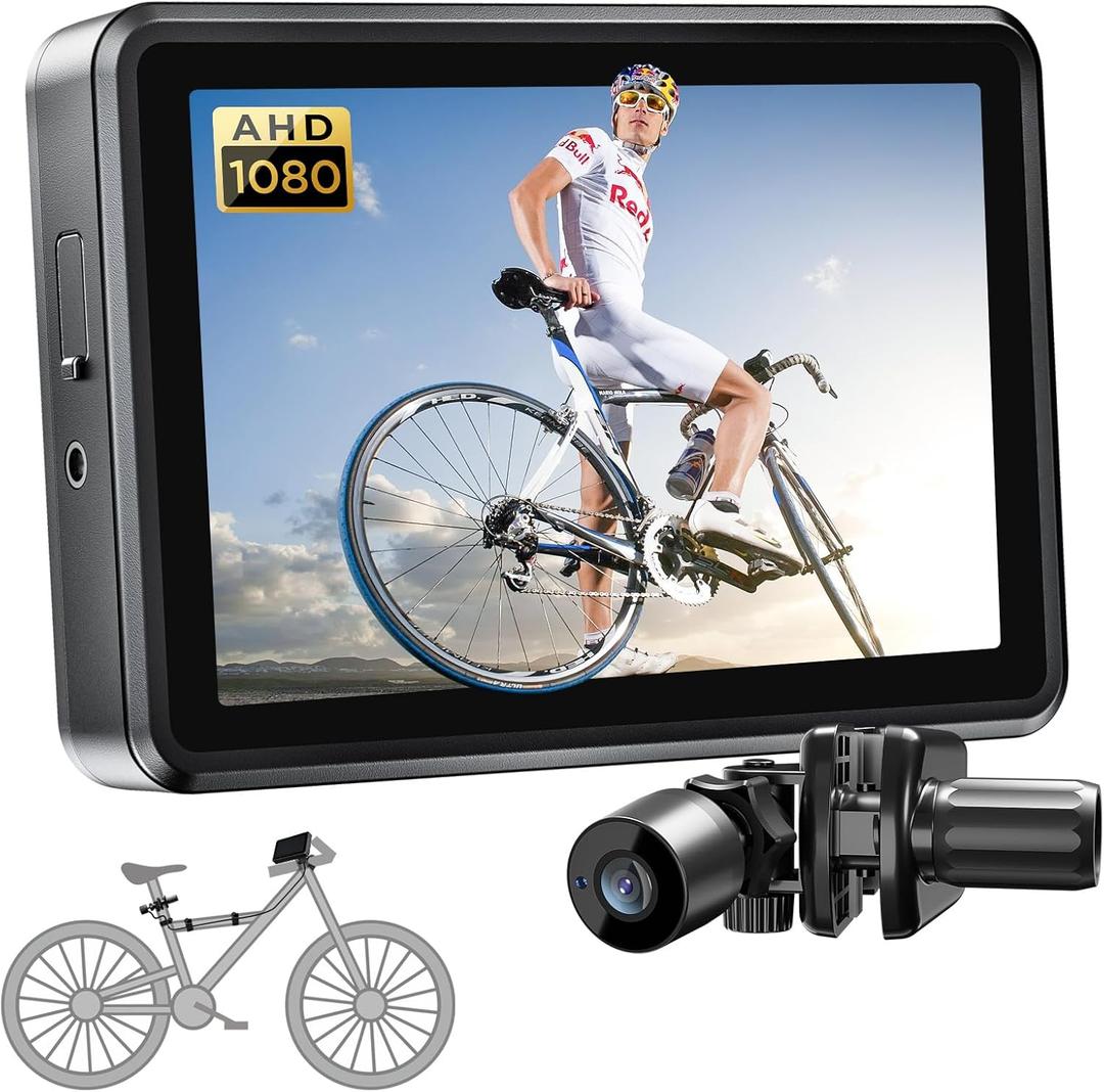 FEISIKE Handlebar Bike Mirror, Bicycle Rear View Camera with 4.3'' HD Night Vision Function, 145 Wide Angle View, Adjustable Rotatable Bracket, Compatible with Bicycle, Mountain, Road Bike