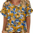 CRAZY GRID Women's Shirts Summer Casual Crewneck Ruffle Short Sleeve Blouses Cute Floral Print Tunic Tops (XL)
