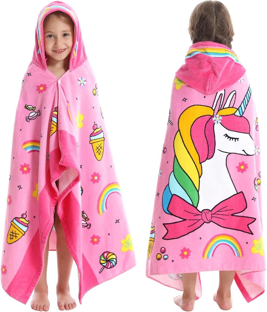 Kids Bath Towels, Kids Towel Girls Boys Hooded Beach,Bathroom,Pool Swim Towels 30  50 INCH Large Size Ultra Absorbent Cute Cartoon Animal Full Vitality 100% Cotton Wearable Wrap for Child (2024 Pink Unicorn)