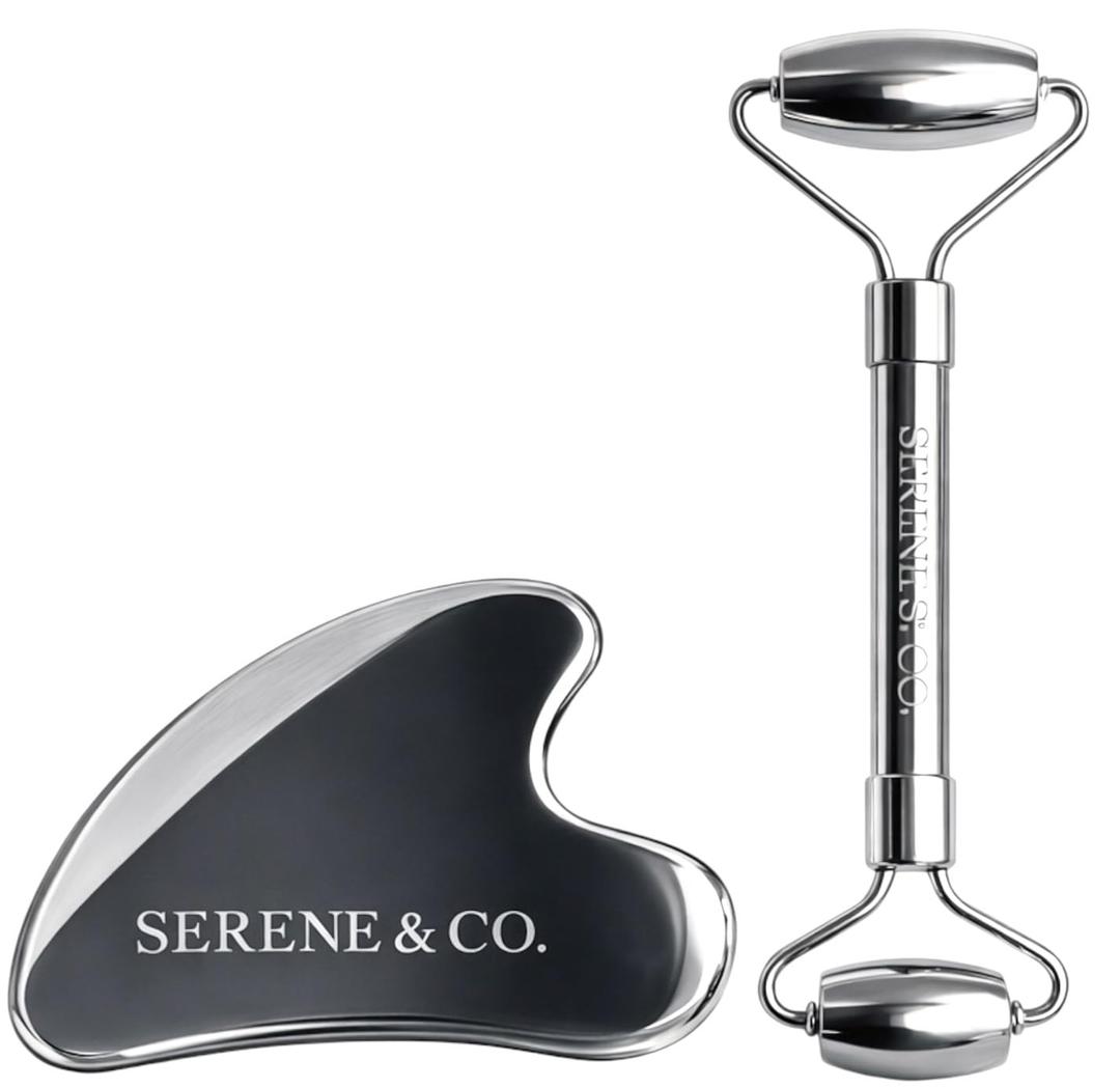 Serene & Co. Premium Stainless Steel Gua Sha & Face Roller Set Facial Massage Tools for Skincare Routine Cooling Metal Roller & Sculpting Gua Sha
