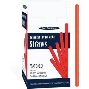 Party Essentials Pack of 300 Disposable Individually Wrapped 10.25 Inches Long Giant Plastic Drinking Straws, Red