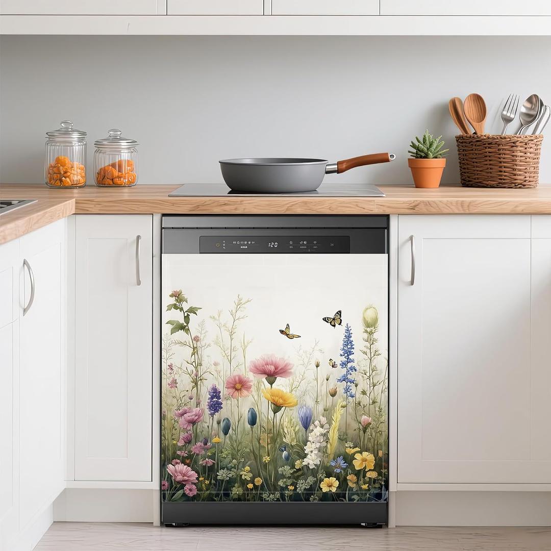 Dishwasher Magnets Decorative Cover,Rustic Wildflowers Refrigerator Magnet Cover,Washable Spring Garden Floral Butterfly Dishwasher Front Panel Cover Home Kitchen Decoration 23x26 Inch
