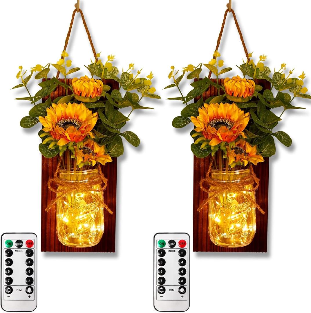 OurWarm Sunflower Wall Sconces Set of Two, Mason Jar Sconces Farmhouse Wall Decor Comes with Remote Control and Warm Toned LED Lights, Rustic Sunflower Decor for Home Kitchen Dining Room Living Room