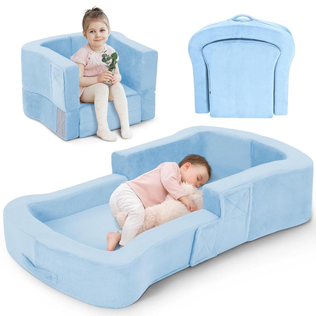 Toddler Travel Bed, 2-in-1 Foldable Portable Toddler Bed Sofa Chair, Soft Baby Kids Travel Floor Cot with Washable Covers Safety Foam Raised Bumper for Camping Hotel Sleeping (Blue)