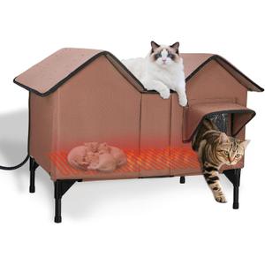 Extra Large Heated Cat House for Outside in Winter, Elevated Heated Outdoor Cat House Weatherproof with Heating pad, Insulated Outdoor Cat Shelter for Multiple Cats Small Dogs (Brown) (XL-Heated-02)
